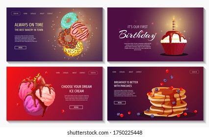 Set of banners with ice cream, pancakes, cupcake and donuts. Bakehouse, Sweet products, Dessert concept. Vector illustration for poster, banner, flyer, advertisement, commercial, menu. 
