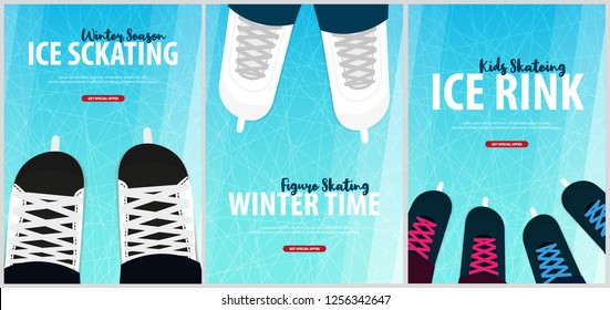 Set of Banners with Ice skates. Figure skating. Texture of ice surface. Winter sports. Vector illustration background