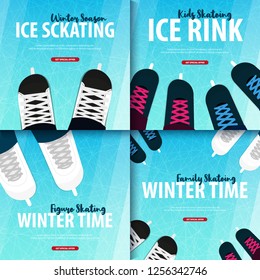 Set of Banners with Ice skates. Figure skating. Texture of ice surface. Winter sports. Vector illustration background