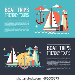 Set of banners. Illustration in a flat style, traveling on a yacht. 