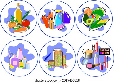 Set of banners and illustrations to advertise body care cosmetics food supplements and home cleaning products. Vector illustration in flat style
