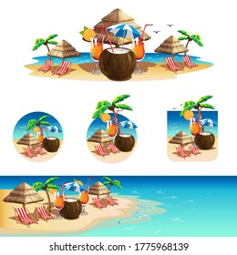 Set of banners with the image of the beach bar, the sea, cocktails, a deck chair, parasols, sun glasses, and a summer hat. Templates for invitations and advertising. Vector illustration in cartoon