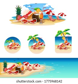 Set of banners with the image of the beach bar, the sea, cocktails, a deck chair, parasols, sun glasses, and a summer hat. Templates for invitations and advertising. Vector illustration in cartoon