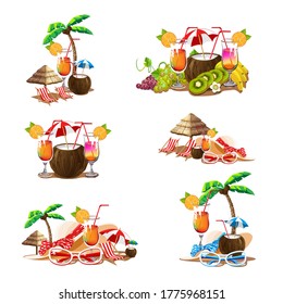 Set of banners with the image of the beach bar, the sea, cocktails, a deck chair, parasols, sun glasses, and a summer hat. Templates for invitations and advertising. Vector illustration in cartoon