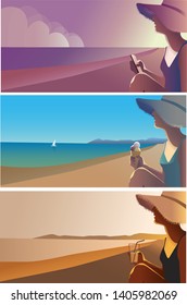 set of banners with the image of a girl by the sea at different times of the day