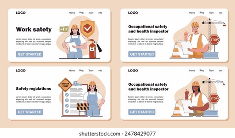 Conjunto de Anuncios con la Imagen de un inspector de seguridad laboral. Servicio de Seguridad y Salud Ocupacional. Ilustración plana de Vector.