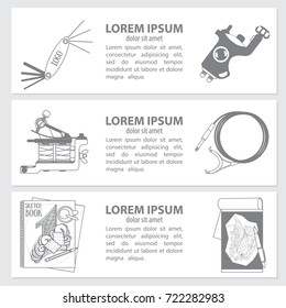 A set of banners with images of tools for tattooing. Contour illustration for design of tattoo parlors and commercial products.