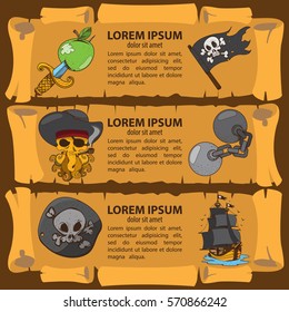 Set of banners imitating ancient papyrus. Three scroll to design a pirate parties, casino, table games or mobile applications. Pirates, vintage items and marine sazochnye inhabitants.