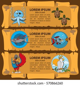 Set of banners imitating ancient papyrus. Three scroll to design a pirate parties, casino, table games or mobile applications. Pirates, vintage items and marine sazochnye inhabitants.