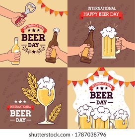 set of banners, of international beer day, august celebration with decoration vector illustration design
