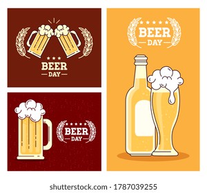 set of banners, of international beer day, august celebration with decoration vector illustration design