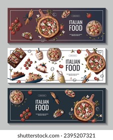 Set of banners with Italian pizza, pasta, bruschetta, lasagna, olive oil. Italian food, healthy eating, cooking, recipes, restaurant menu concept. Vector illustration for banner, promo, poster.