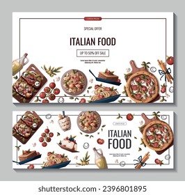 Set of banners with Italian pizza, pasta, bruschetta, lasagna, olive oil. Italian food, healthy eating, cooking, recipes, restaurant menu concept. Vector illustration for banner, promo, poster.