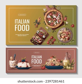 Set of banners with Italian pizza, pasta, bruschetta, olive oil, tiramisu. Italian food, healthy eating, cooking, recipes, restaurant menu concept. Vector illustration for banner, promo, poster.