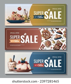 Set of banners with Italian pizza, pasta, bruschetta, lasagna, olive oil. Italian food, healthy eating, cooking, recipes, restaurant menu concept. Vector illustration for banner, promo, poster.