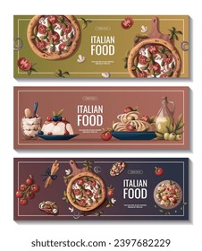 Set of banners with Italian pizza, pasta, bruschetta, olive oil, tiramisu. Italian food, healthy eating, cooking, recipes, restaurant menu concept. Vector illustration for banner, promo, poster.