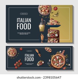 Set of banners with Italian pizza, pasta, bruschetta, olive oil. Italian food, healthy eating, cooking, recipes, restaurant menu concept. Vector illustration for banner, promo, poster.