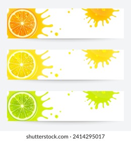 set banners of juicy citrus fruits with orange, lemon and lime