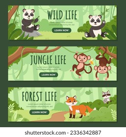 Set of banners for jungle life. Panda with bamboo on stone, monkey with banana and fox with raccoon in bushes. Animals in rainforest. Cartoon flat vector collection isolated on green background