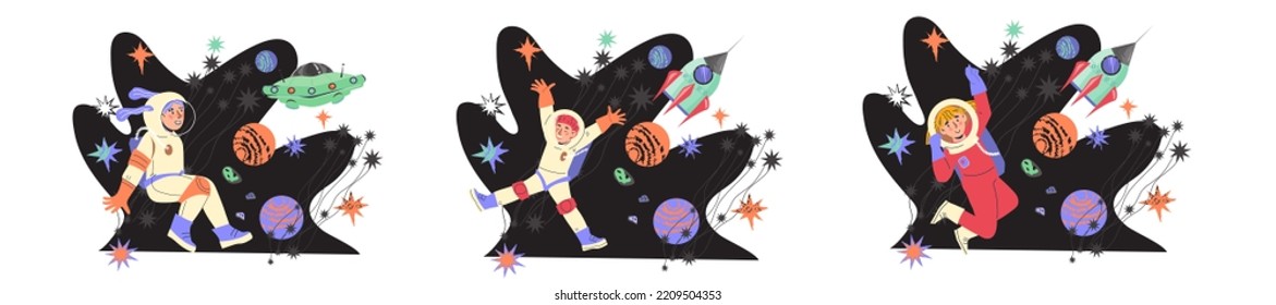 Set of banners with kids in space, flat vector illustration isolated on white background. Children space explorers collection. Education and adventure, exploration concept.