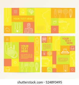 Set banners with kitchenware icon in linear style on color tile. Blank space for text. 