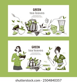 Set of banners or labels for green tea products and matcha powder, vector hand drawn illustration on white background. Matcha green tea tags collection.