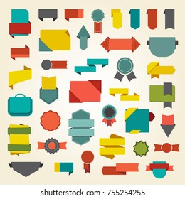 Set of banners and labels, ribbons and circle seals with empty space for writing your own titles, icon of blue briefcase on vector illustration