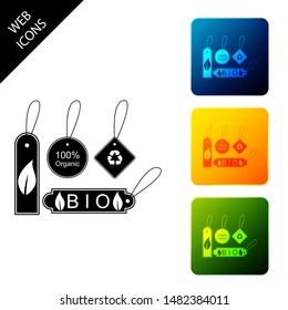 Set of banners, labels, tags, logos for eco green healthy foods icon isolated on white background. Organic products. Healthy food stickers. Set icons colorful square buttons. Vector Illustration