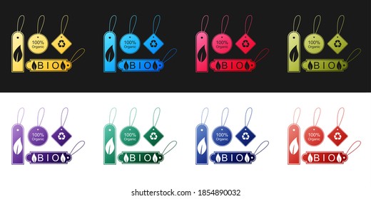 Conjunto de banners, etiquetas, etiquetas, logotipos para el icono de alimentos ecológicos saludables aislados en color negro y blanco. Productos orgánicos. Pegatinas de comida saludable. Vector.