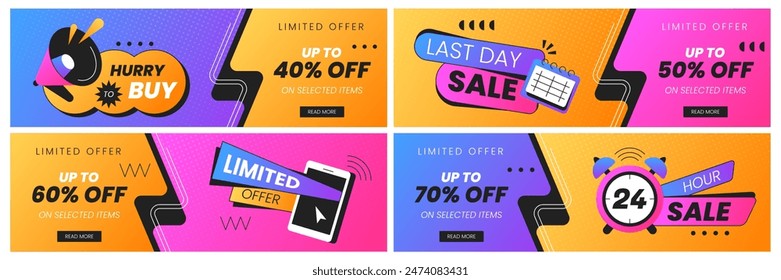 Set banners of last time offer, hurry to buy and hot sales. Sale promo flyers with alarm clock, calendar and megaphone. Only now discount promotion poster template for advertisement or online shopping