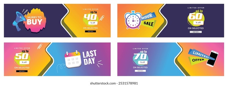 Set banners of last time offer, last day, hurry to buy, Hour sale and hot sales. discount promotion poster template. Sale promo with alarm megaphone, clock and calendar. advertisement or online 