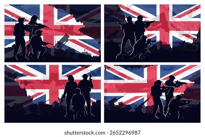 Set of banners with layered silhouettes of British army soldiers with rifles against the Union Jack flag. Military background with tanks. United Kingdom armed forces, war, and national power concept.