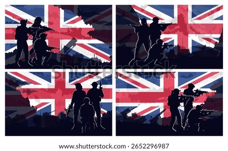 Set of banners with layered silhouettes of British army soldiers with rifles against the Union Jack flag. Military background with tanks. United Kingdom armed forces, war, and national power concept.
