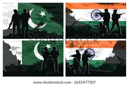 Set of banners with layered silhouettes of Pakistani and Indian soldiers with rifles and tanks over national flags. Pakistan’s and India's military force, regional security, strategic strength concept