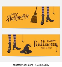 Set of banners with lettering Happy Halloween and Trick or Treat. Black spiders and witches legs in shoes with hat and broom on orange background. Illustration can be used for holiday design and cards