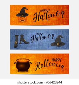 Set of banners with lettering Happy Halloween. Hat of witch on the pumpkin, witch clothes and a cauldron with a potion on orange and blue grunge background, illustration.