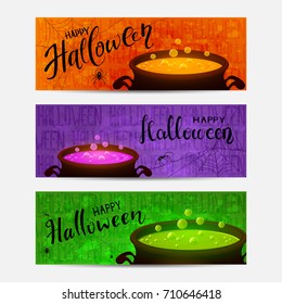 Set of banners with lettering Happy Halloween. Spiders and cauldrons with a potion on orange, green and violet grunge background, illustration.