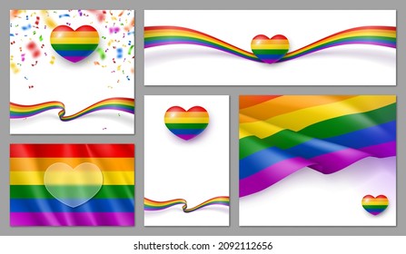 Banner mit LGBT-Stolpersymbolen in Regenbogenfarben. Pride Monat oder ein anderes Feiertag-Poster, Karte, Flyer-Template-Design. Liebe, Freiheit, Unterstützung und Rechte realistische Vektorgrafik.