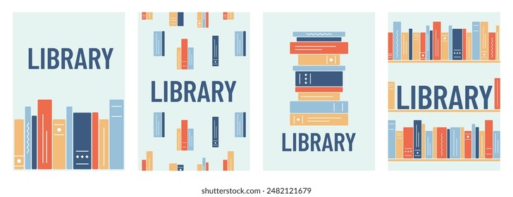 Set Banners Library and Books. Bookshelves, bookcase. Word and stack of Literature. Seamless pattern from groups of Textbooks. Collection for social networks. Knowledge, education. Vector illustration