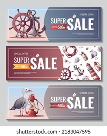 Set of banners with lighthouse, ship's steering wheel, anchor, lifebuoy, sand bottle, corals, seagulls, seashells. Maritime, sea coast, marine life, nautical concept. Vector illustrations.