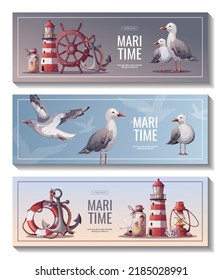 Set of banners with lighthouse, ship's steering wheel, anchor, lifebuoy, sand bottle, corals, seagulls, seashells. Maritime, sea coast, marine life, nautical concept. Vector illustrations.