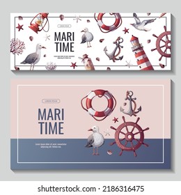 Set of banners with lighthouse, ship's steering wheel, anchor, lifebuoy, sand bottle, corals, seagulls, seashells. Maritime, sea coast, marine life, nautical concept. Vector illustrations.