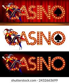 Set of banners with the lighting inscription of the word casino and seated Joker with a playing card in his hands against the red curtain, white and black background. Vector illustration in 3D style