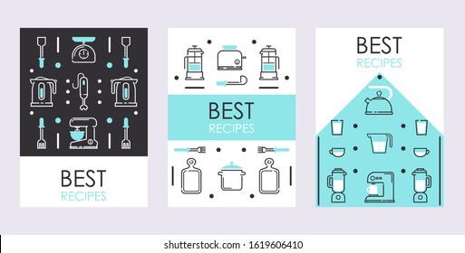 Set of banners with line icons of kitchen supplies, vector illustration. Kitchenware appliance store catalog, household culinary utensils booklet cover. Modern icons of coffee press, mixer and kettle