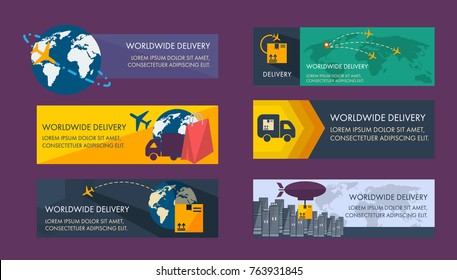 Set of banners for logistics. The delivery is all over the world. on banners depict a globe plane van that deliver boxes