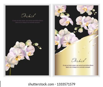 Set of  banners with Luxurious orchid flowers on black and gold background. Template for greeting cards, wedding decorations, invitation, sales, packaging. Spring or summer design. Place for text.