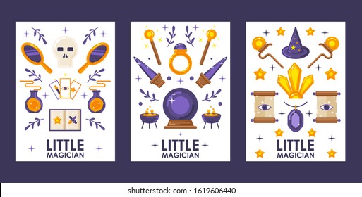 Set of banners with magic game icons, vector illustration. Flat style cartoon items, symbols of witchcraft and sorcery. Magical amulets and potions, fantasy artifacts for magician, trick book cover