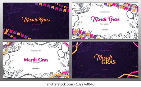 Set of banners Mardi gras carnival party. Masquerade. Fat tuesday, festival. Vector illustration