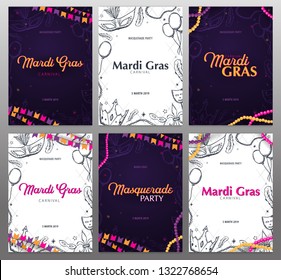 Set of banners Mardi gras carnival party. Masquerade. Fat tuesday, festival. Vector illustration