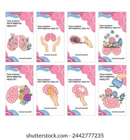 Set of banners mental health blooming brain vector illustration